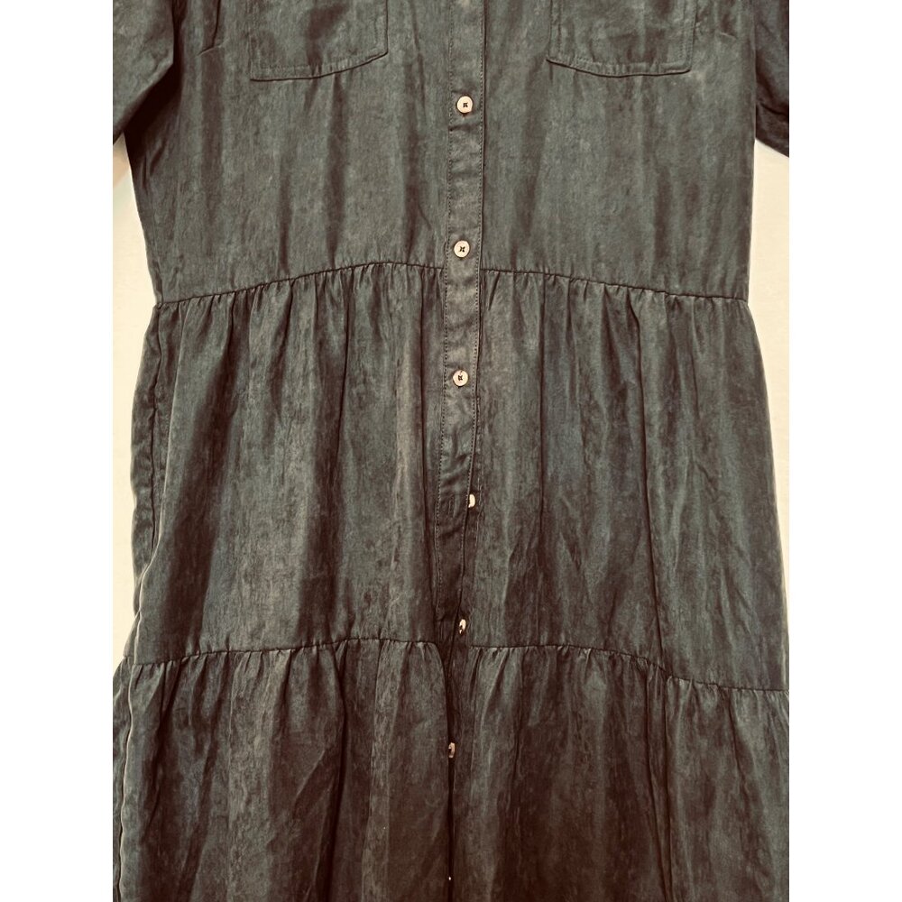 XL Black Midi Button-Up Dress Rolled Sleeves Pockets Millennium Casual Boho - Picture 8 of 16